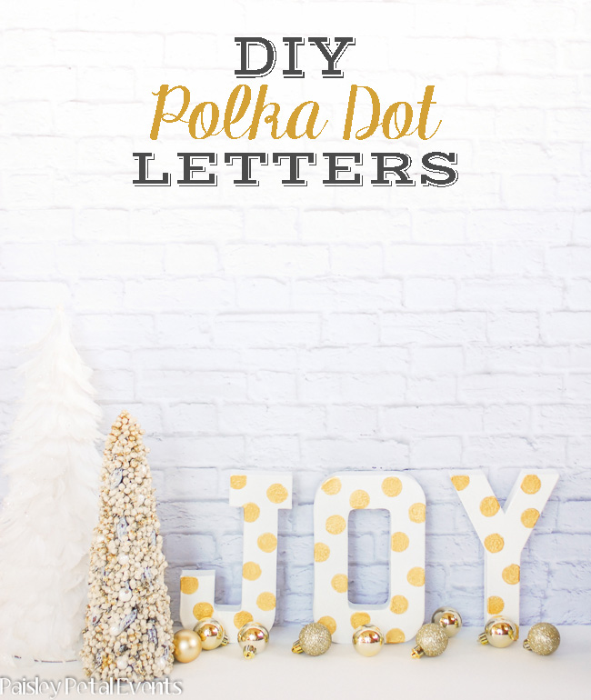Golden polka dots joy letter with table top tree for mantel decoration.