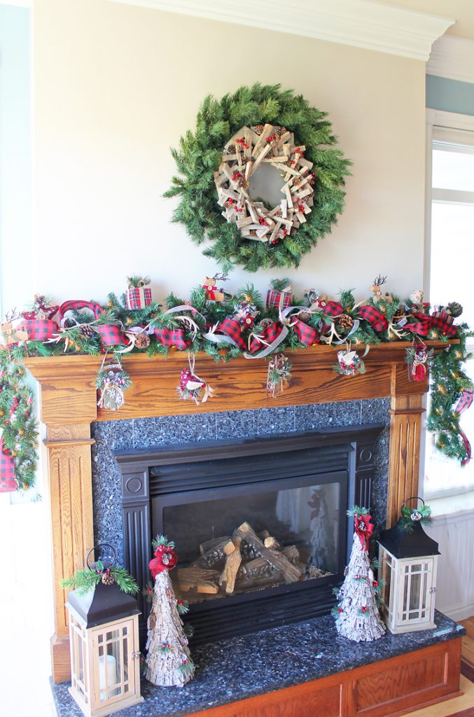 Graceful plaid theme fireplace decoration for Christmas.