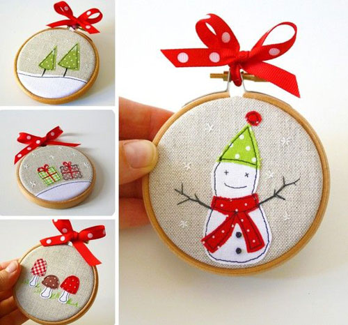 Handmade embroidered hoop ornaments.