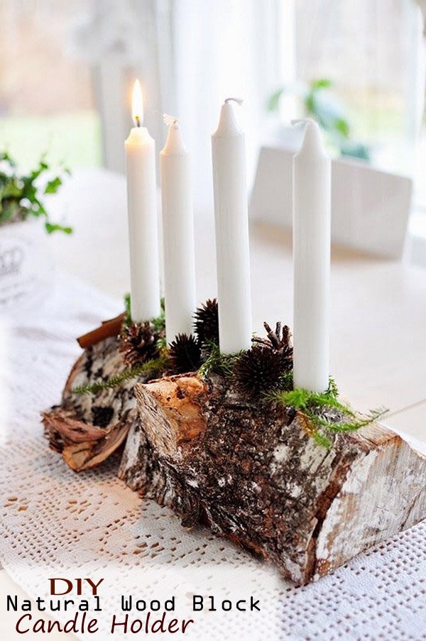 Incredible diy natural wood-block candle holder.