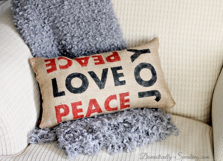 Peace, joy and love burlap pillow for Christmas.
