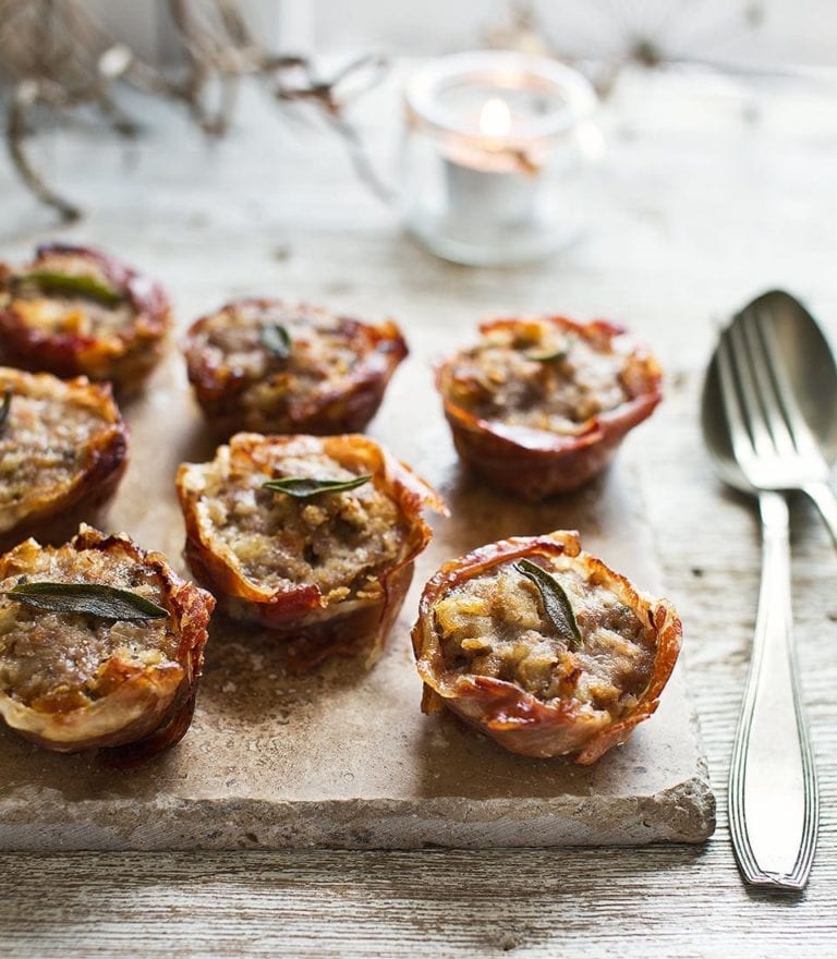 Prosciutto cups with sausage and sage stuffing.