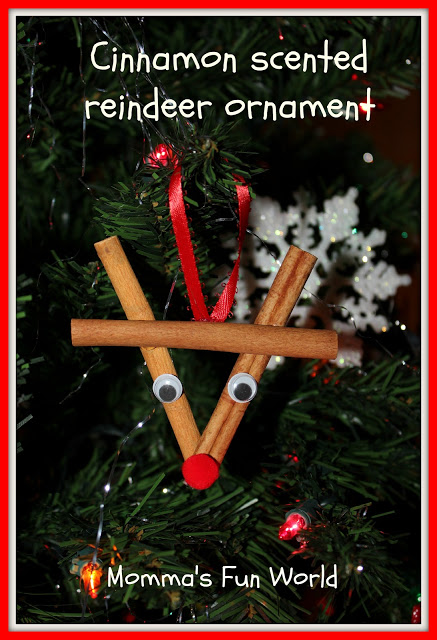 Reindeer ornament of cinnamon sticks.