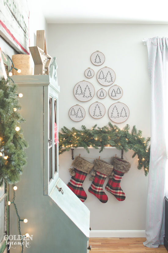 Rustic Christmas decor with plaid stockings.