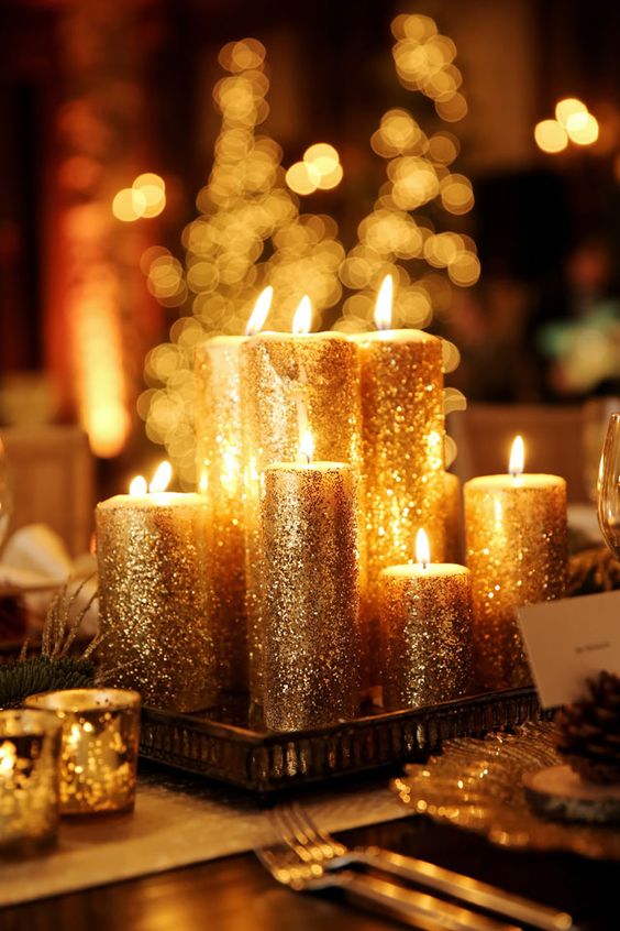 Stunning golden glittered candles.
