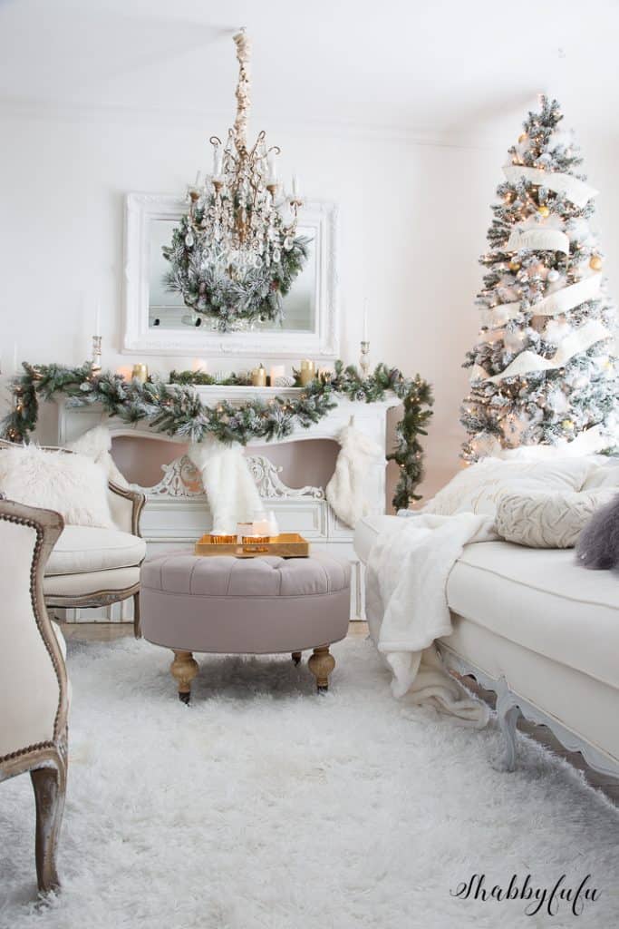 White theme holiday decoration of living room.