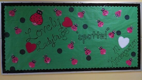 Lovely ladybugs on bulletin board.