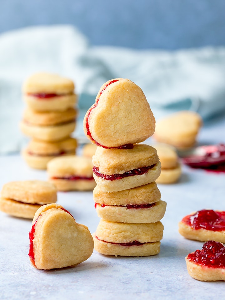 Butter shortbread hearts sandwiched with raspberry jam.