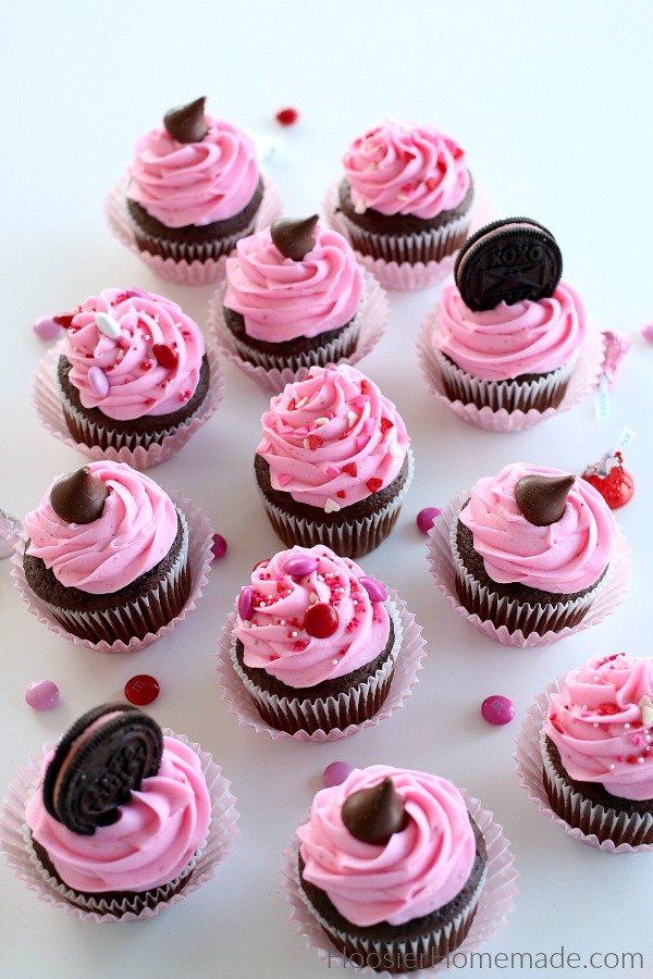 Chocolate Cupcakes with fresh Strawberry Frosting.