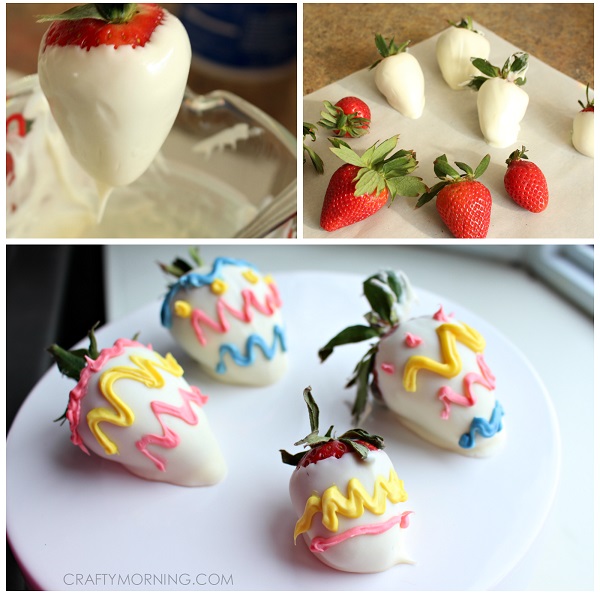 Chocolate dipped Easter egg strawberries.