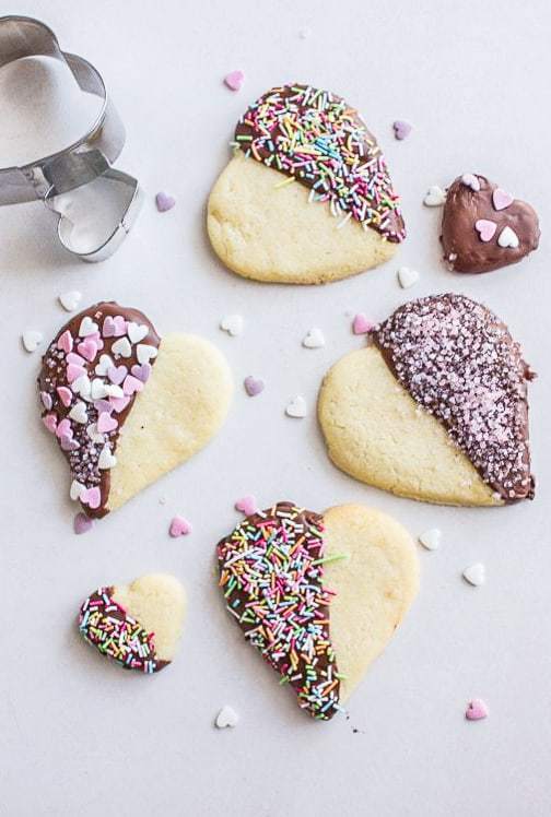 Chocolate dipped heart cookies for Valentines day.