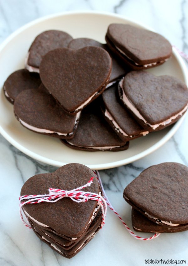 Chocolate sandwich heart cookies.