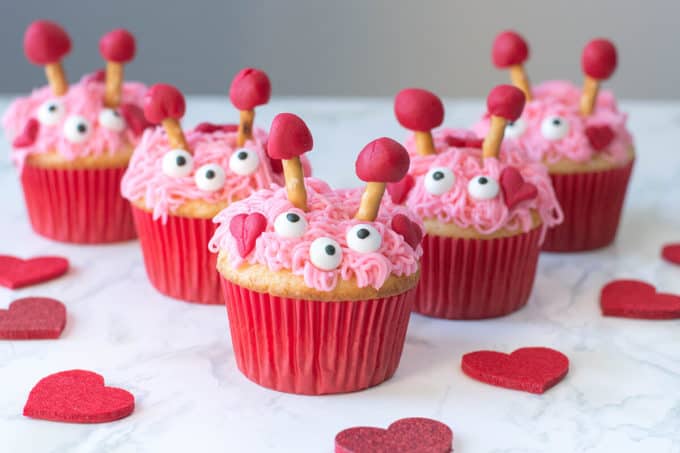Furry monster Valentines day cupcakes.
