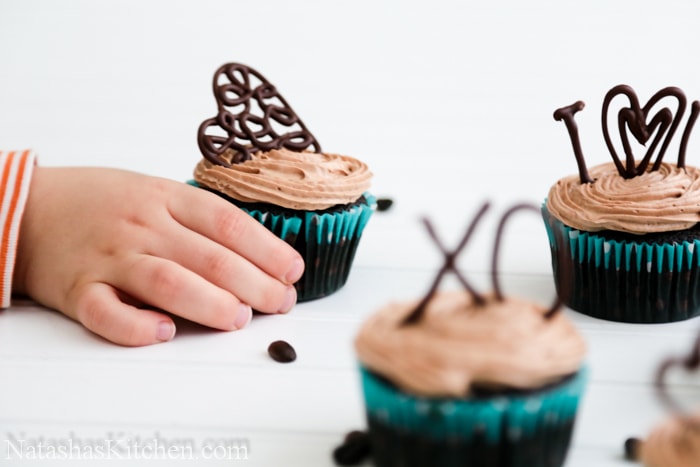 Moist chocolate cupcakes with prague frosting.