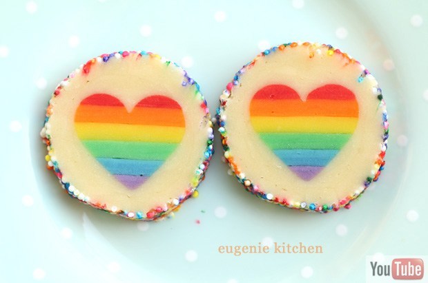 Rainbow heart cookies.