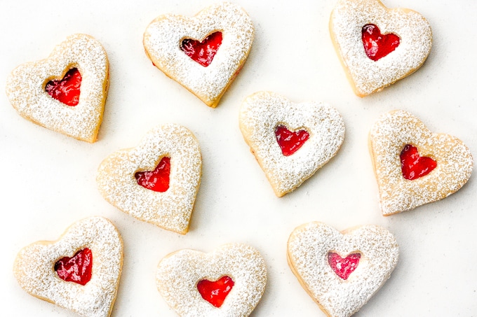Raspberry and white chocolate Valentines Day shortbread cookies.