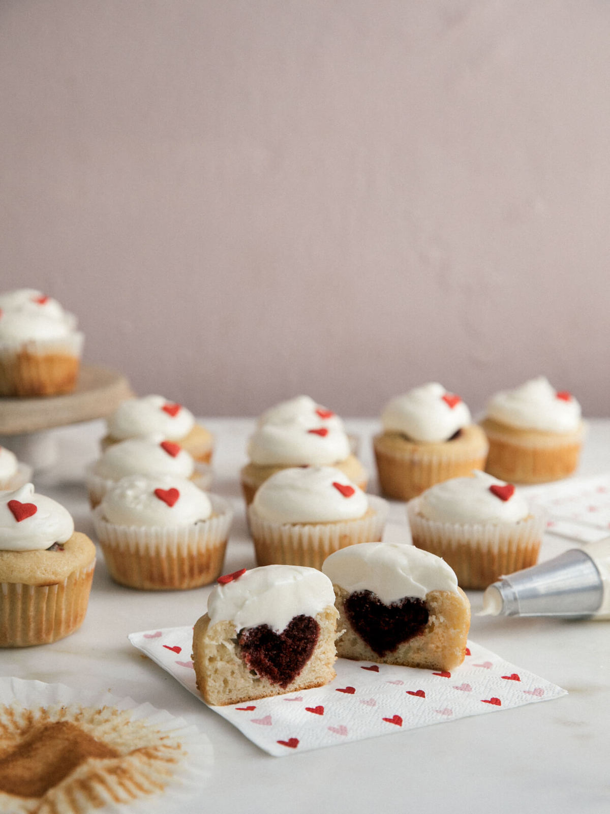 Red velvet heart surprise cupcakes.