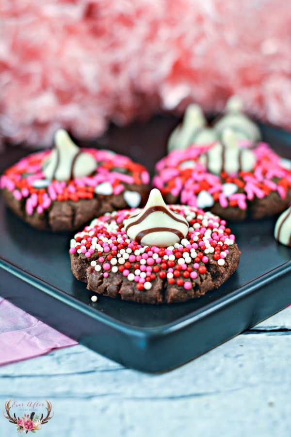 Valentines day cookies with hersheys kisses.