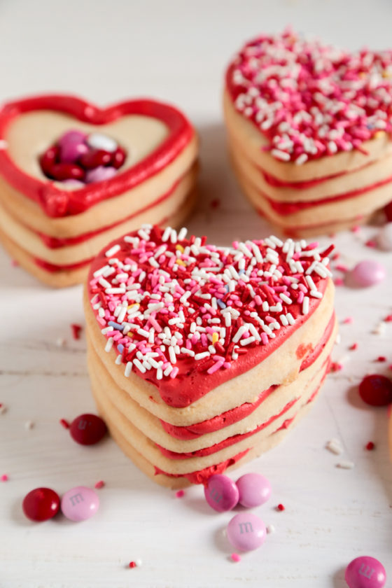 Valentines day surprise sugar cookie stacks.