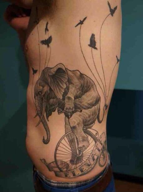 Wonderful circus elephant tattoo on body.