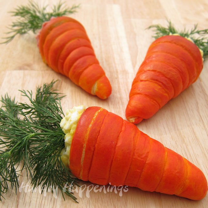 Crescent Roll Carrots Filled with Egg or Ham Salad.