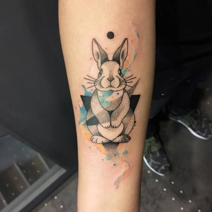 Dotwork and Watercolor Bunny Tattoo on sleeve.