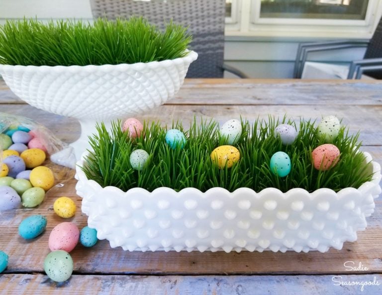 Hobnail Milk Glass and Specked used for Easter Decor.
