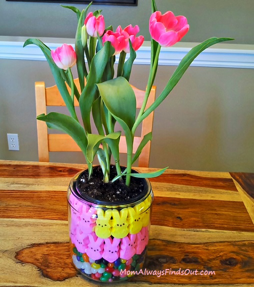Jelly bean peeps and tulips Easter centerpiece.