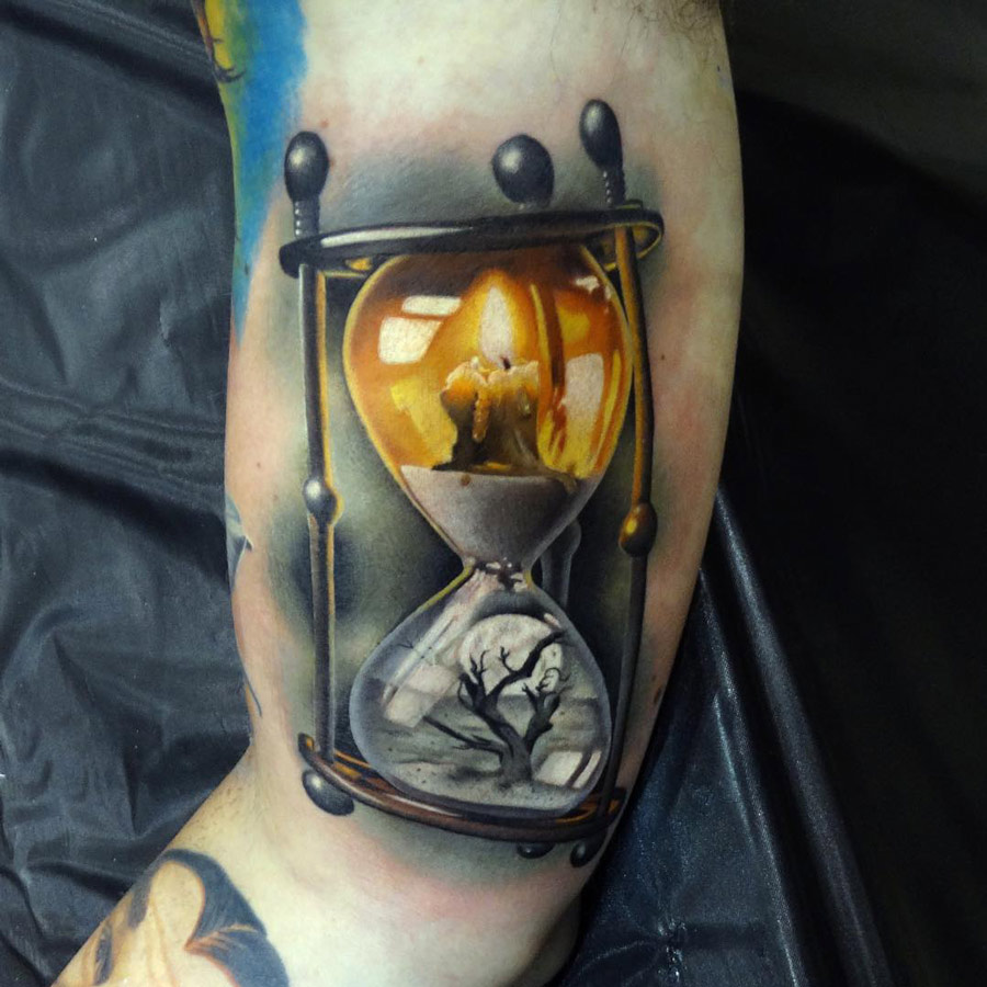 Life and death hourglass tattoo.