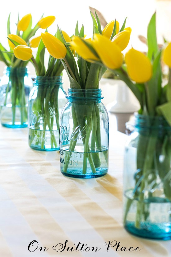 Mason jars with tulips.