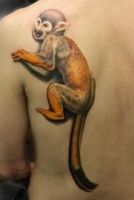 Realistic monkey tattoo on back shoulder.
