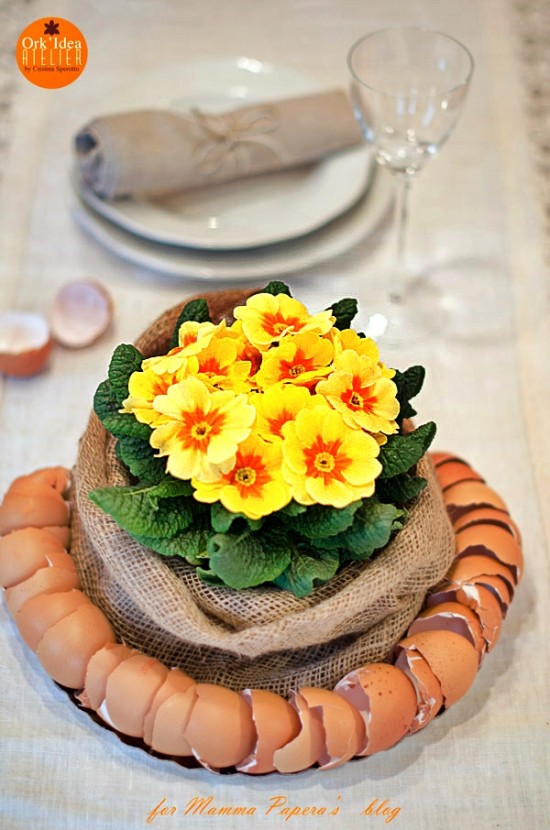 Recycling egg shell floral centerpiece for Easter.