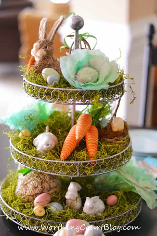 Tiered Moss tray Easter centerpiece with diy cabbages made from coffee filters.
