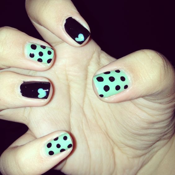 Beautiful Blue Nails With Black Polka Dots