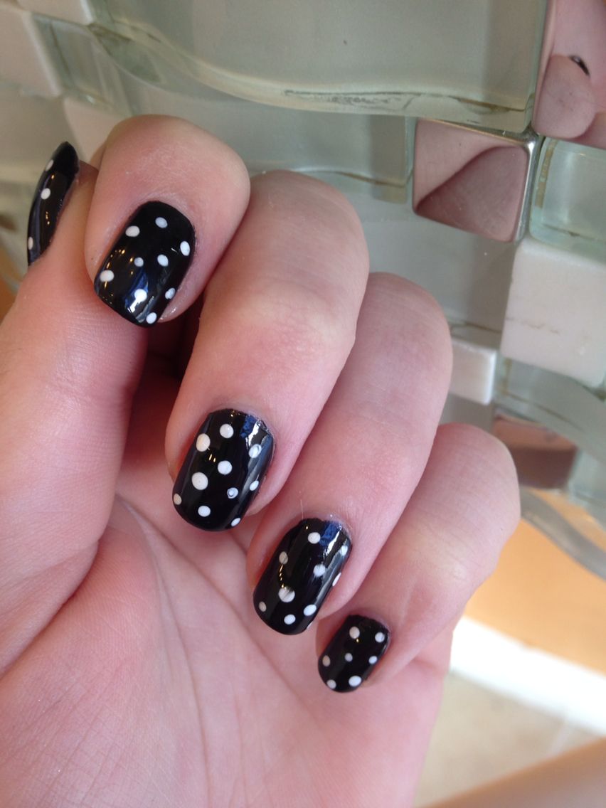 Black and grey Nails With White Polka Dots