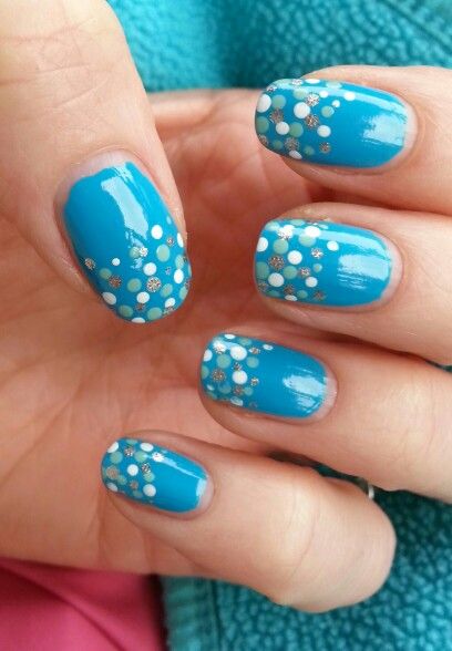 Blue white & silver dot nail art