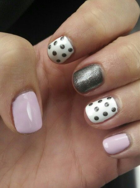 Grey And Soft Pink Nails With Pink Polka Dots