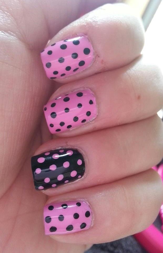 Pink and Black dots nail art design
